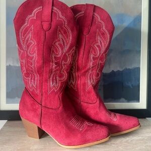 Chic Red Suede Heeled Boots